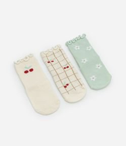 Kit 03 Meias Infantis com Estampa Cerejinha e Frufru - Tam RN a 18 meses