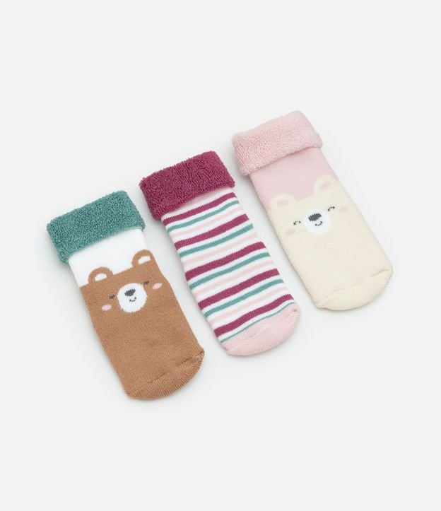 Kit 03 Meias Infantis com Dobra e Estampa Bichinhos - Tam RN a 12 meses