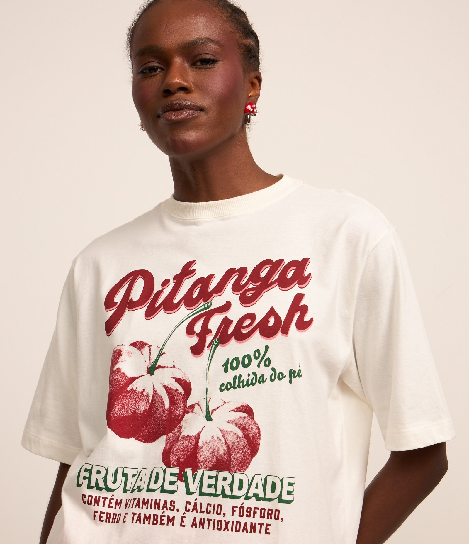 Camiseta Alongada em Algodão com Estampa de Pitanga Fresh Branco 3