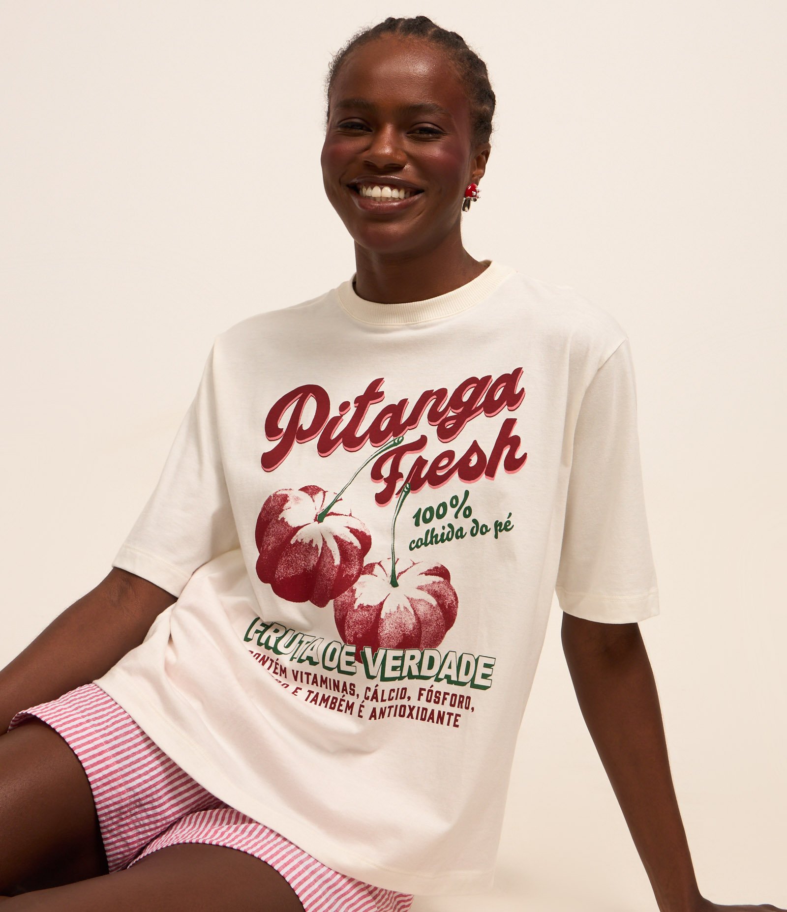 Camiseta Alongada em Algodão com Estampa de Pitanga Fresh Branco 4