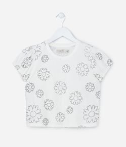Blusa Infantil com Manga Bufante e Estampa de Flor Puff - Tam 5 a 14 anos