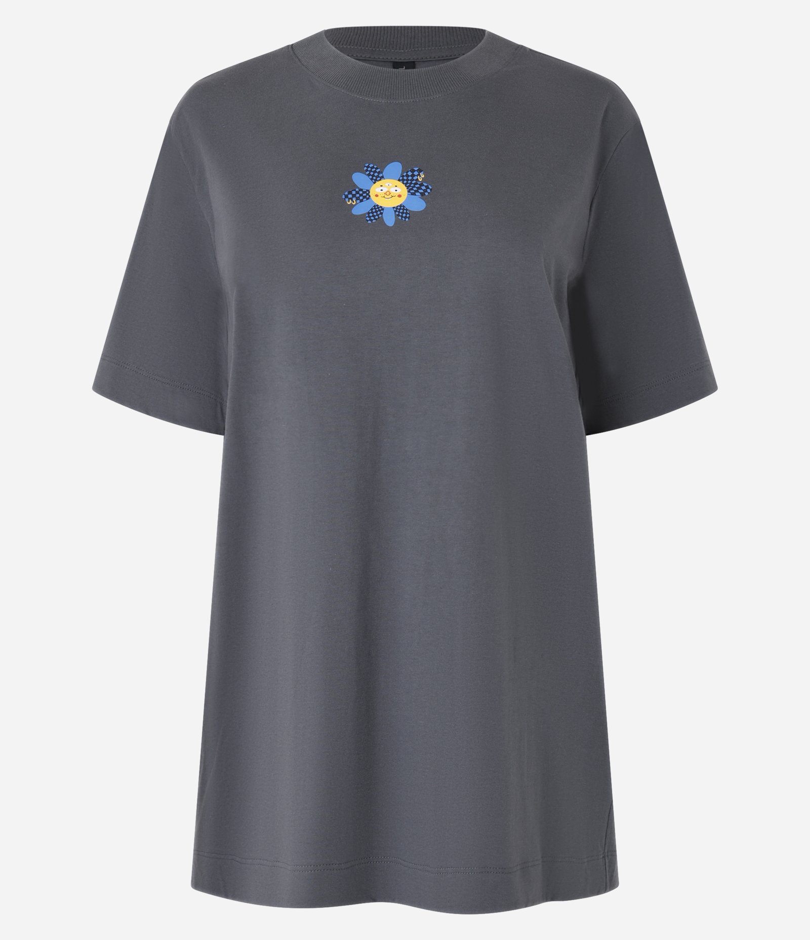 Camiseta em Algodão com Flor Divertida Estampada Cinza 5