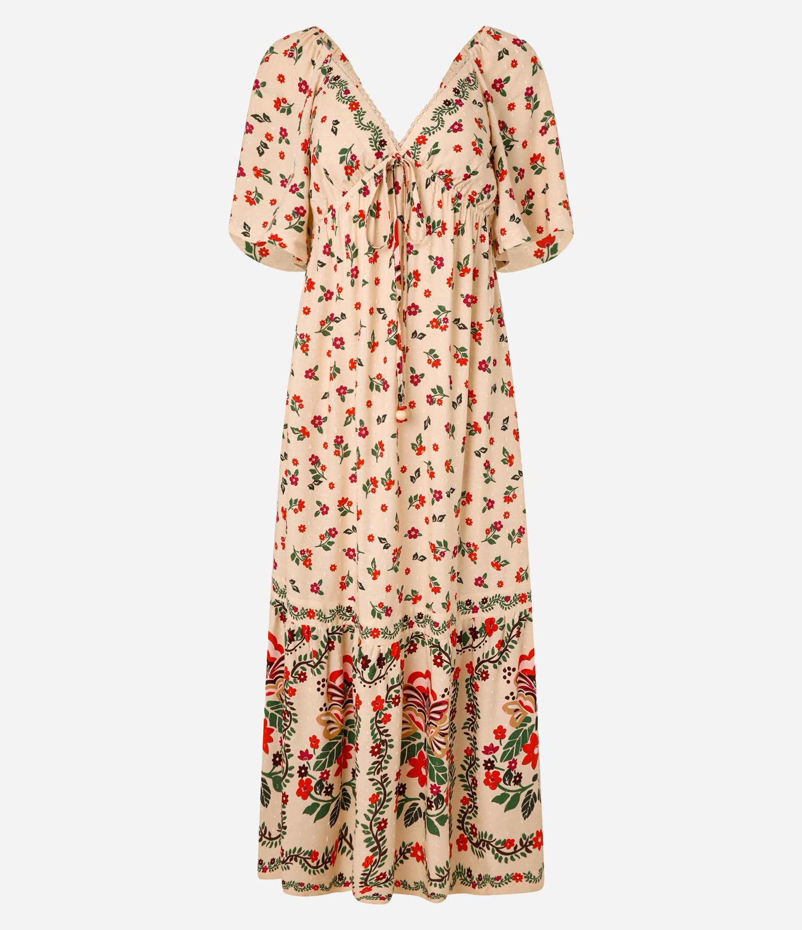 Vestido Long Midi em Chalis Decote em V com Picueta e Estampa Floral Rosa 6