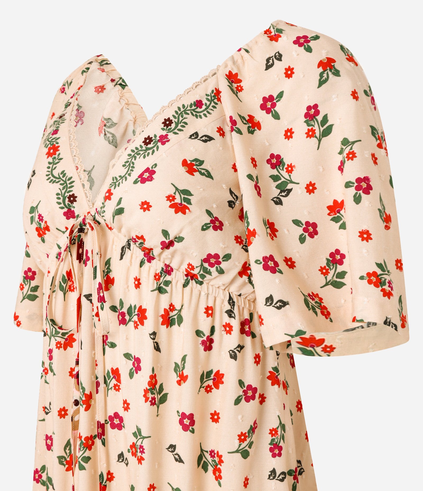 Vestido Long Midi em Chalis Decote em V com Picueta e Estampa Floral Rosa 7