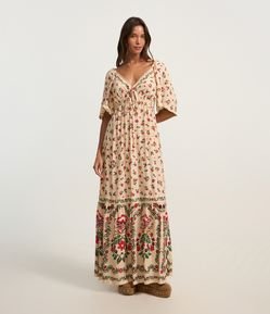Vestido Long Midi em Chalis Decote em V com Picueta e Estampa Floral