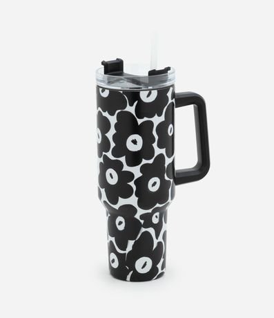 Copo Térmico com Estampa Floral Bicolor com Alça e Canudo 1,2L