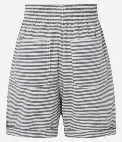 Short Runner em Sarja com Listras em Fio Tinto e Barra Dobrada