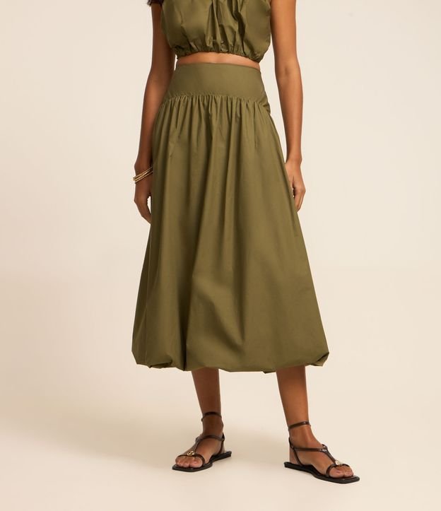 Saia Balonê Midi em Tricoline com Cós Largo
