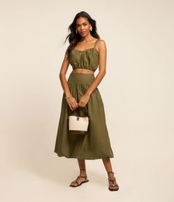 Saia Balonê Midi em Tricoline com Cós Largo