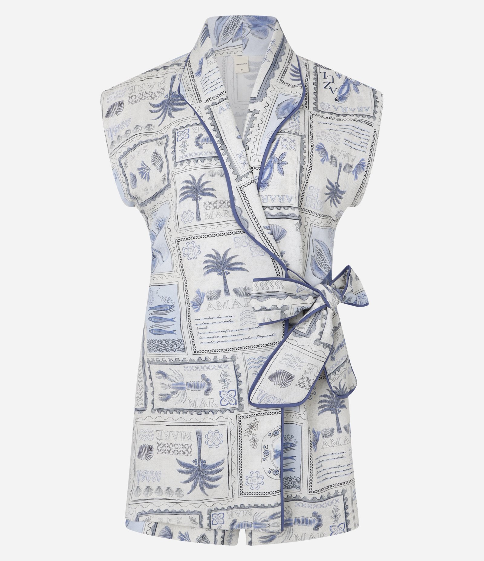 Macaquinho Tricoline Estampa de Coqueiros e Amarração na Cintura Branco/Azul 6