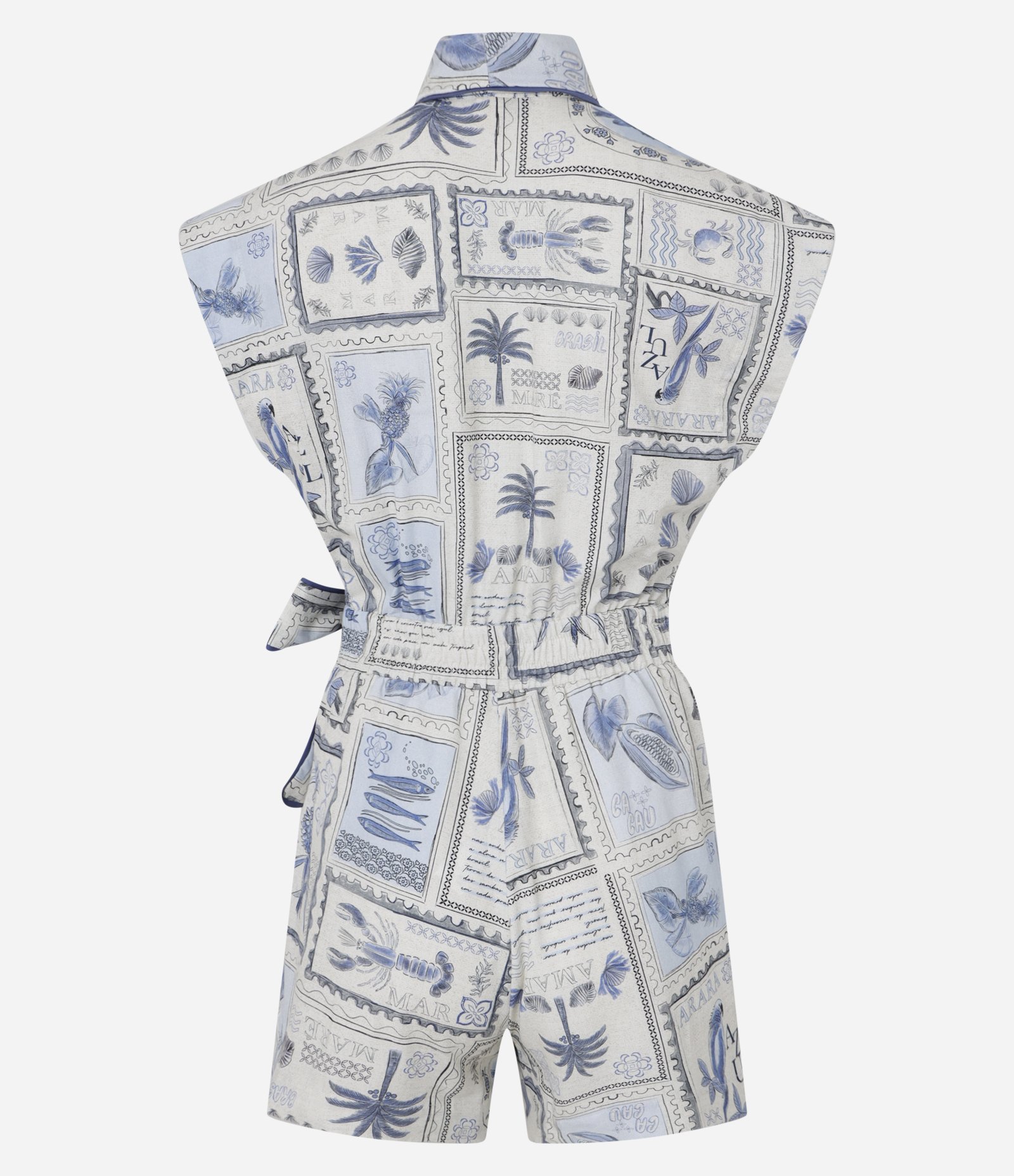 Macaquinho Tricoline Estampa de Coqueiros e Amarração na Cintura Branco/Azul 8