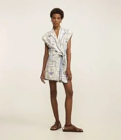 Macaquinho Tricoline Estampa de Coqueiros e Amarração na Cintura