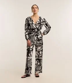 Calça Reta em Piquet com Amarração e Estampa Folhagem