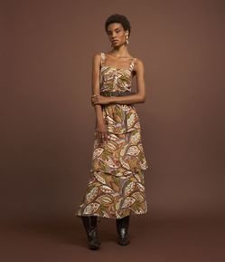 Vestido Western Evasê Midi em Viscose com Estampa Folhagem