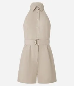 Macaquinho em Tricoline com Gola Halter Camisa e Cinto