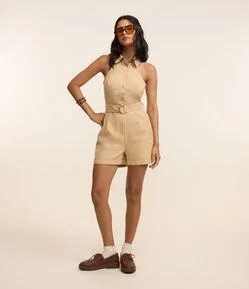 Macaquinho em Tricoline com Gola Halter Camisa e Cinto