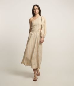 Vestido Ombro Só Listrado em Tricoline com Vazado