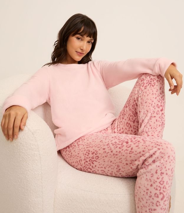 Pijama Longo em Fleece com Calça Estampada Animal Print Onça