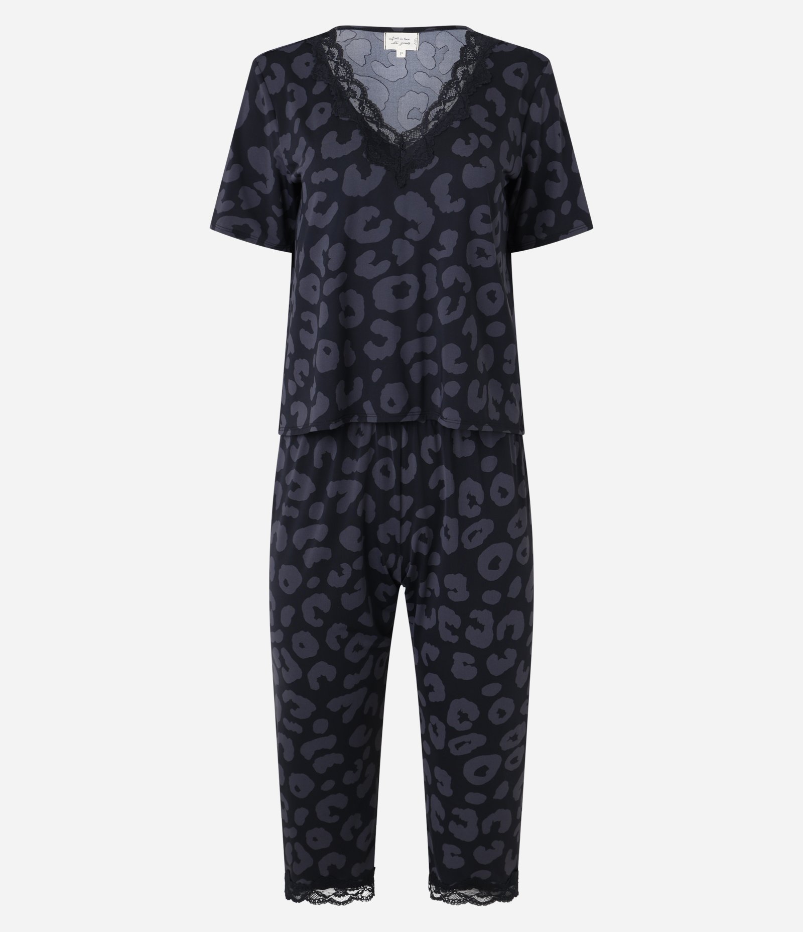 Pijama Capri em Poliamida com Detalhes Rendados e Estampa Oncinha Preto/ Cinza 4