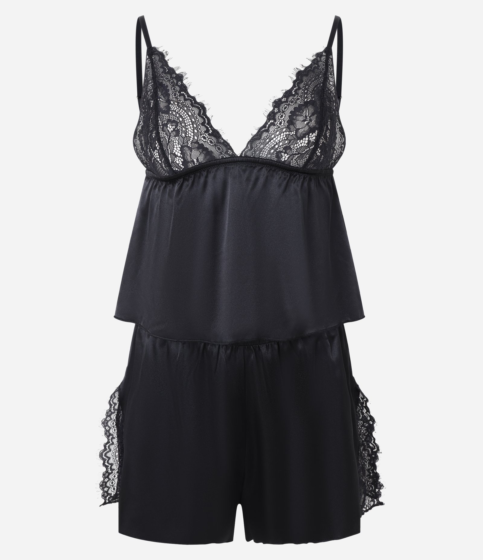 Pijama Short Doll Alcinha em Laise com Decote V e Detalhes Rendados Preto 7