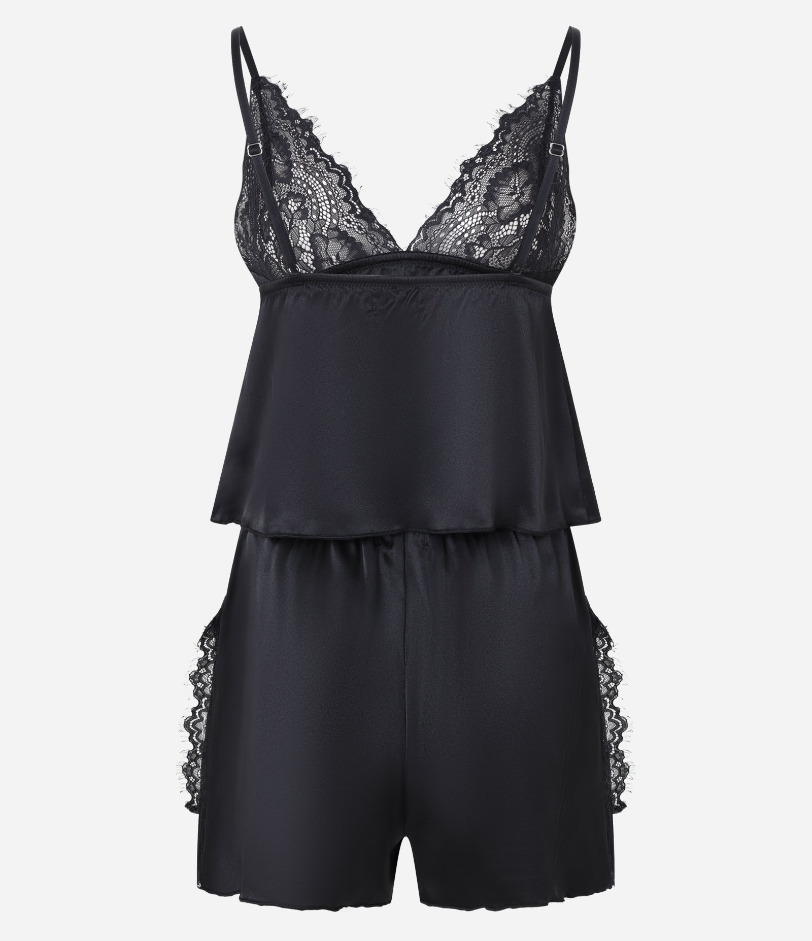 Pijama Short Doll Alcinha em Laise com Decote V e Detalhes Rendados Preto 9