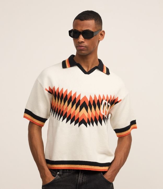 Camisa Polo Boxy em Tricô com Estampa Abstrata