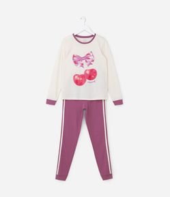 Pijama Longo Infantil em Algodão com Estampa de Cereja e Listras Laterais -Tam 5 ao 14 Anos