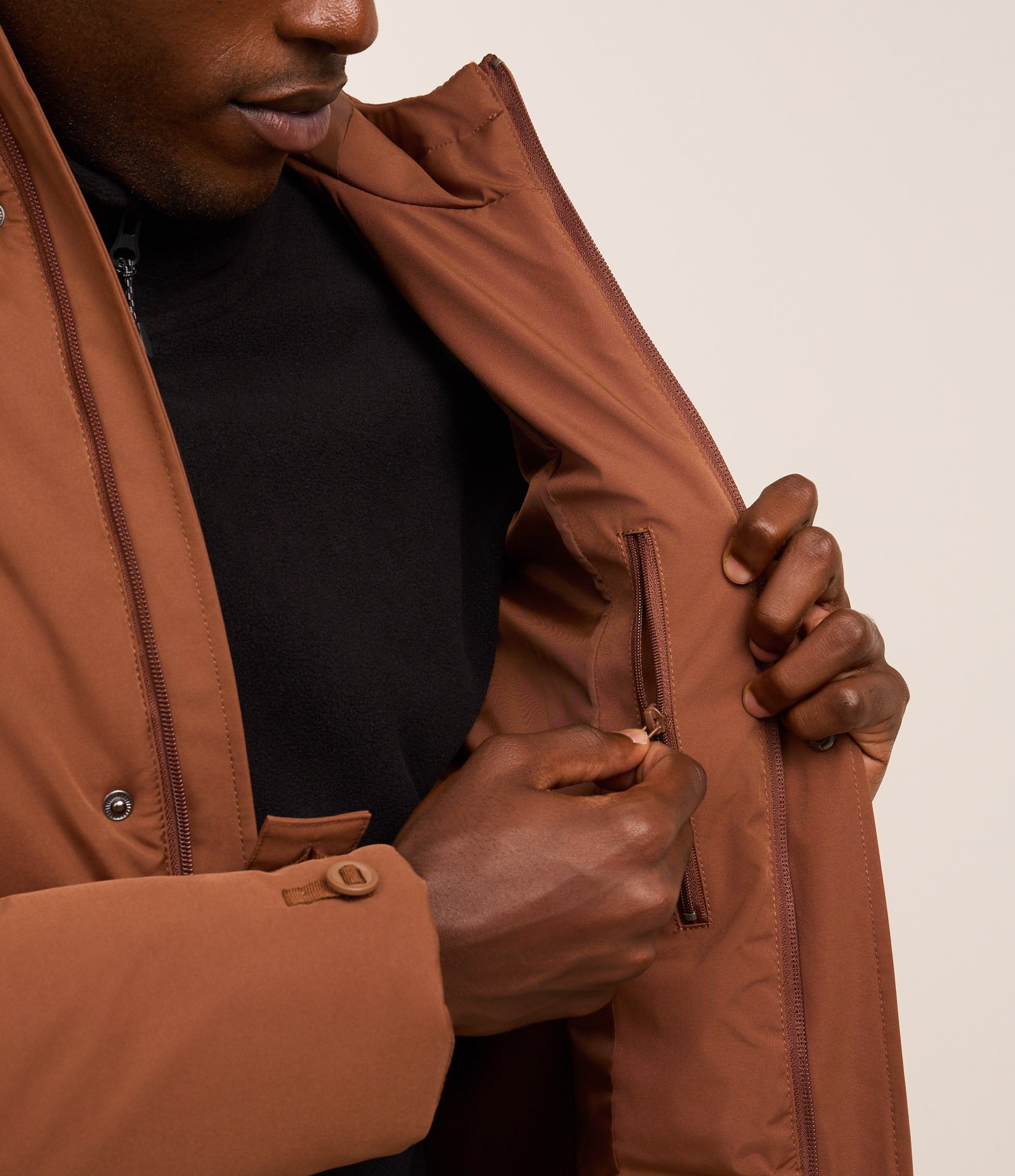 Jaqueta Parka em Poliamida com Capuz e Bolsos de Lapela Marrom 3