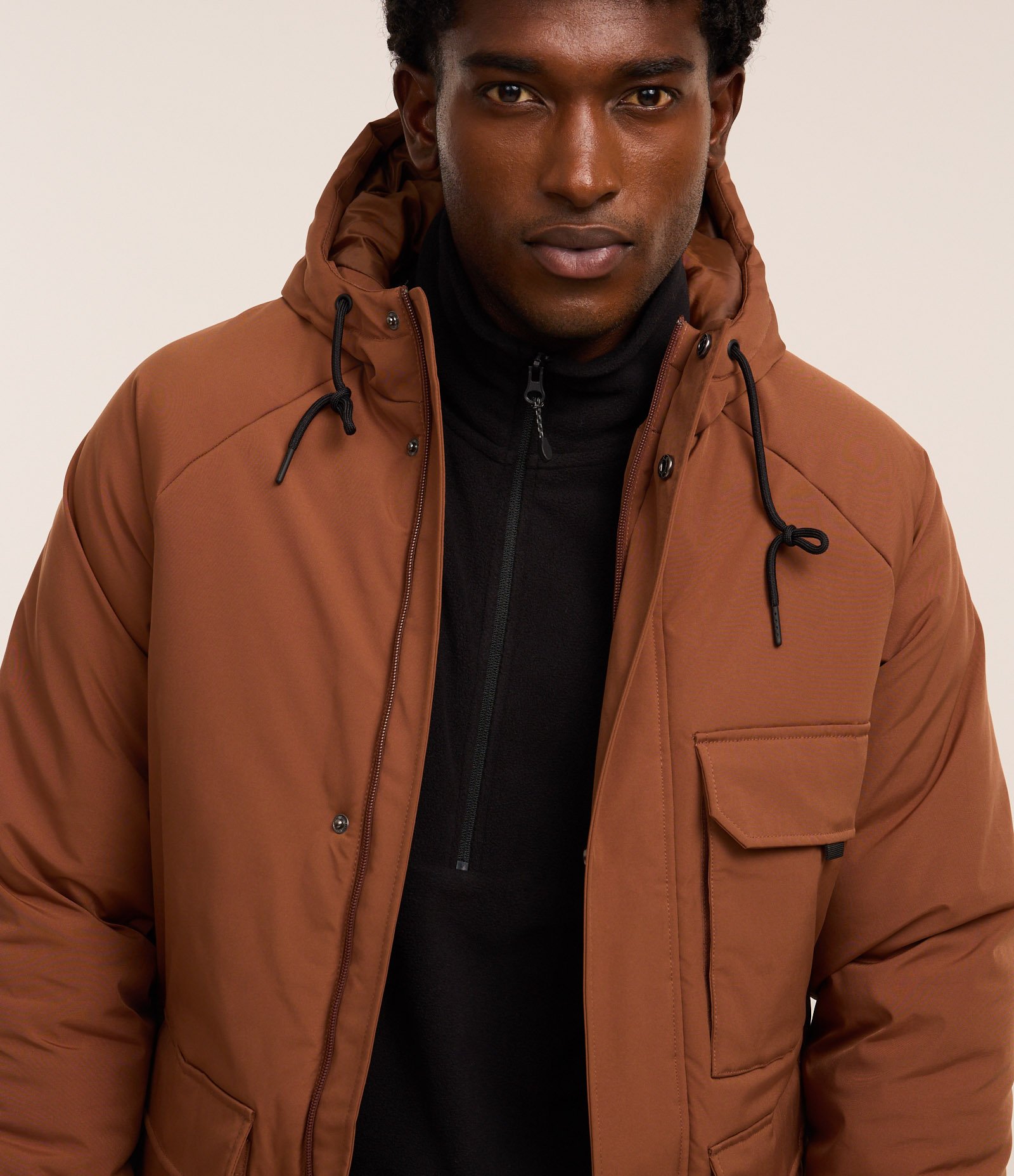 Jaqueta Parka em Poliamida com Capuz e Bolsos de Lapela Marrom 5