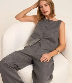 Calça Wide Leg Alfaiatado Cintura Alta com Cinto Pespontado