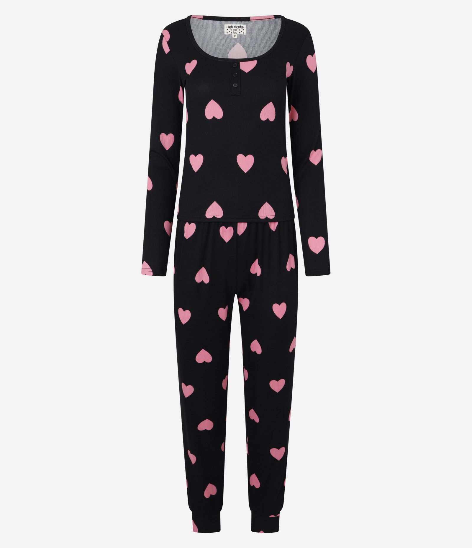 Pijama Longo em Ribana com Estampa de Corações e Botões na Gola Preto 5