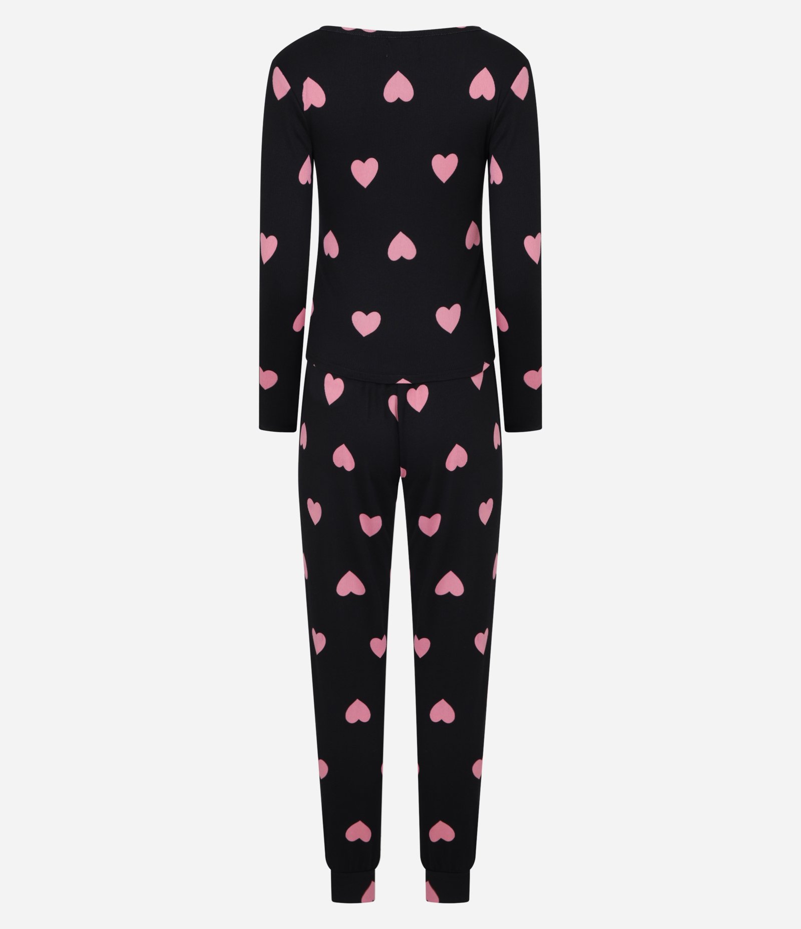 Pijama Longo em Ribana com Estampa de Corações e Botões na Gola Preto 6