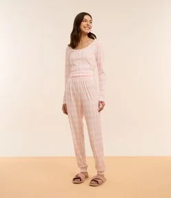 Pijama Longo em Ribana com Estampa Xadrez e Botões na Gola