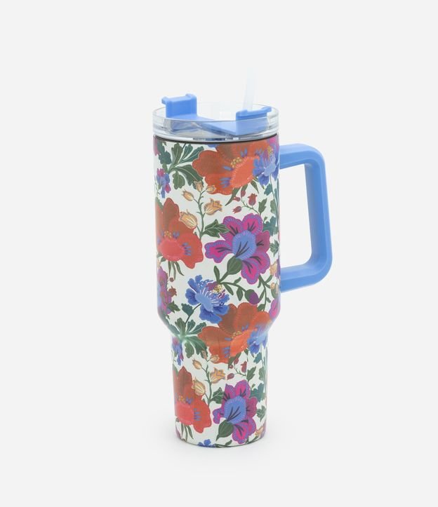 Copo em Metal com Estampa Floral e Canudo 1,2L