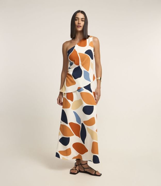 Blusa Ombro Só com Barra Assimétrica e Estampa Abstrata