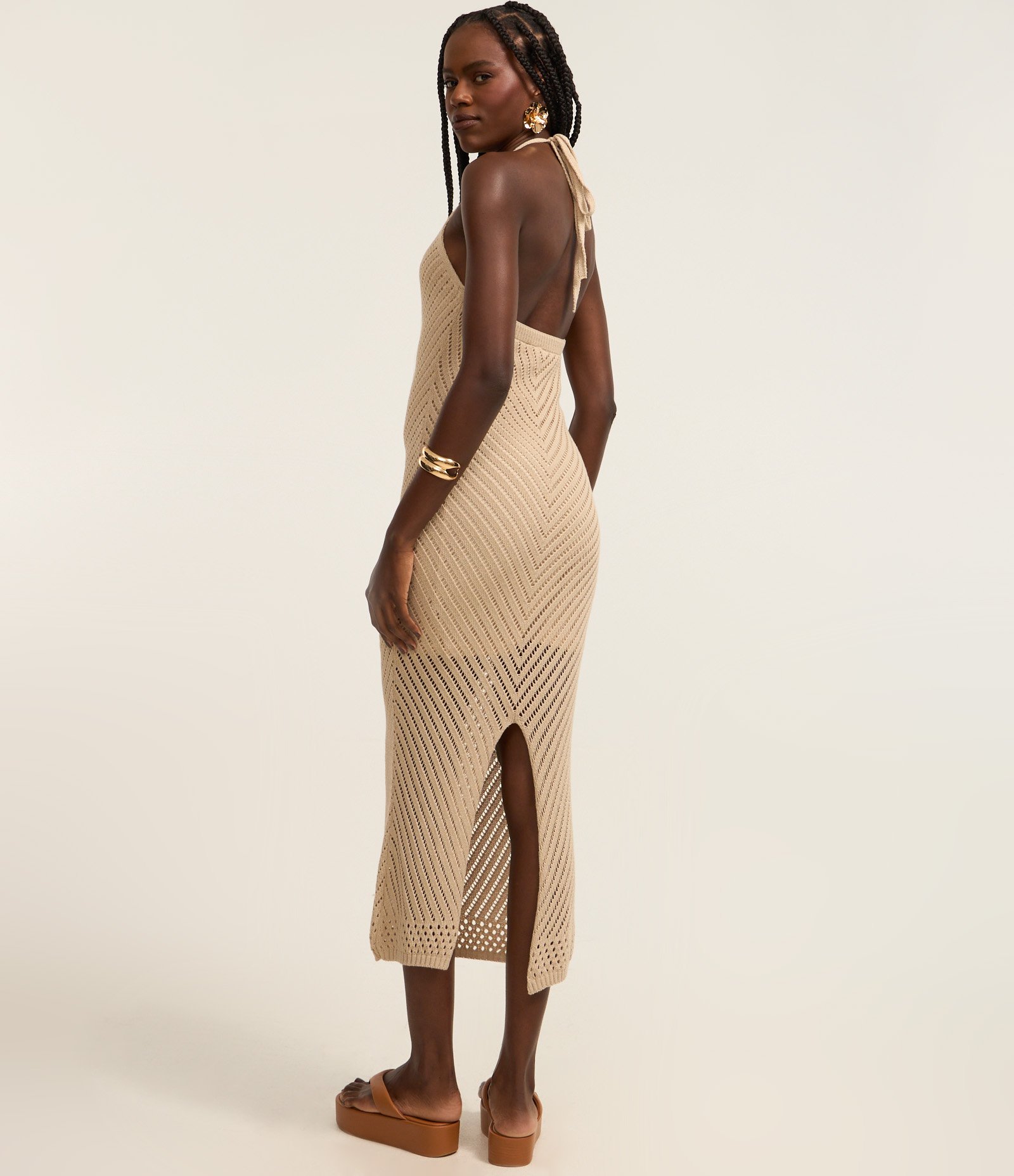 Vestido Frente Única New Midi em Tricô com Fenda nas Costas Off White 2