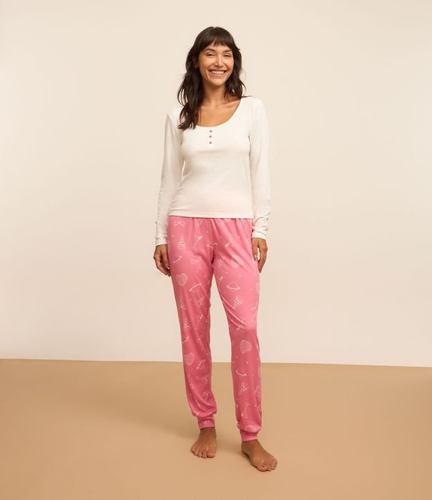 Pijama Longo em Ribana com Botões e Estampa Girly