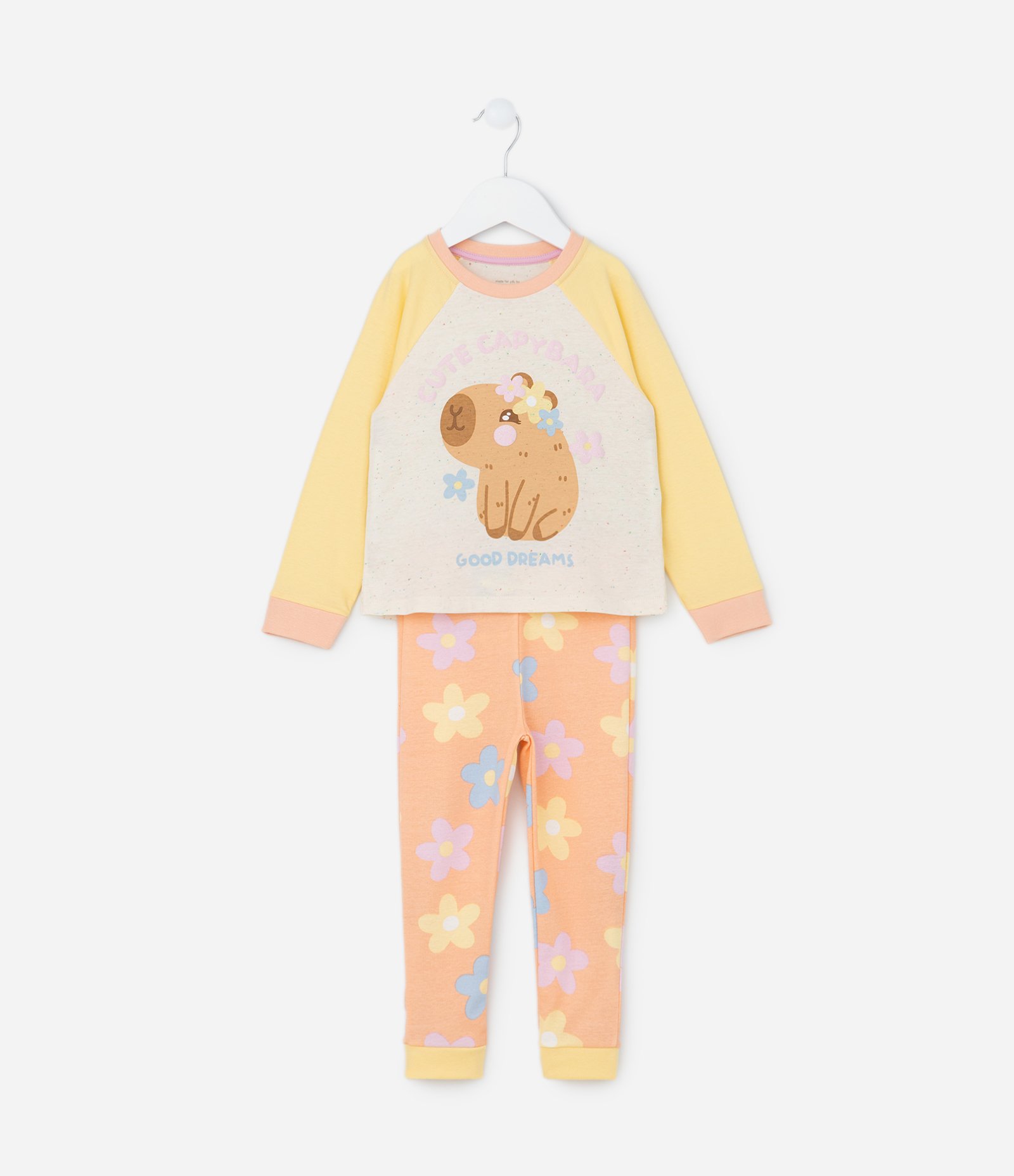 Pijama Longo Infantil com Estampa Capivara com Flores - Tam 2 a 6 Anos Amarelo/Laranja 1