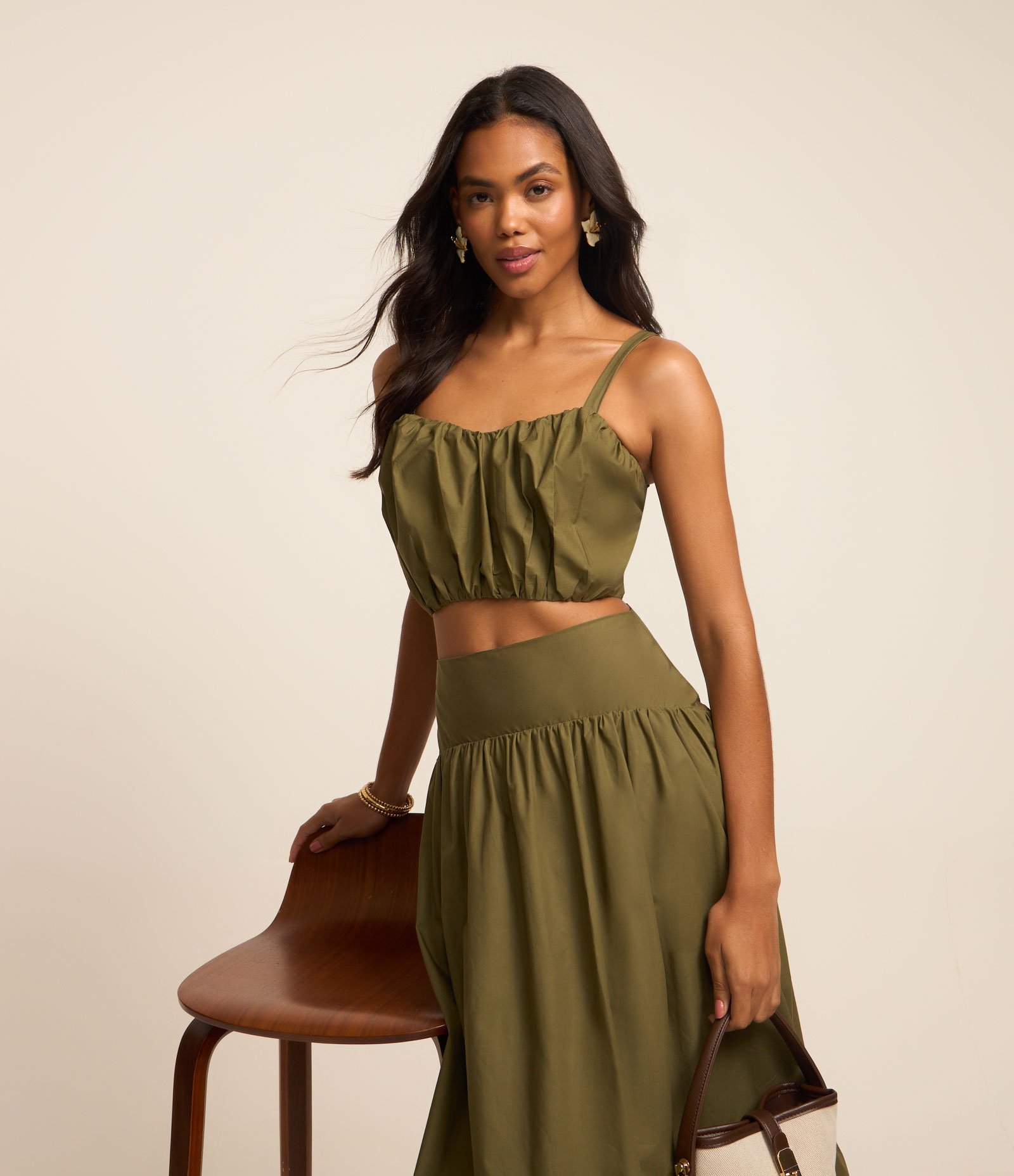 Blusa Cropped Franzida em Tricoline com Lastex Verde 1