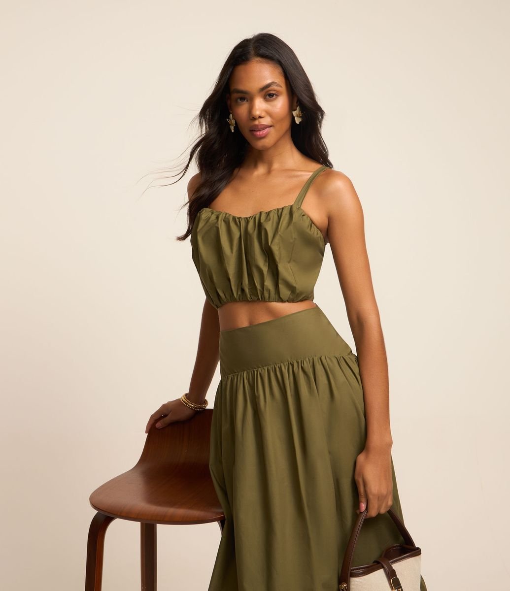 Blusa Cropped Franzida em Tricoline com Lastex Verde