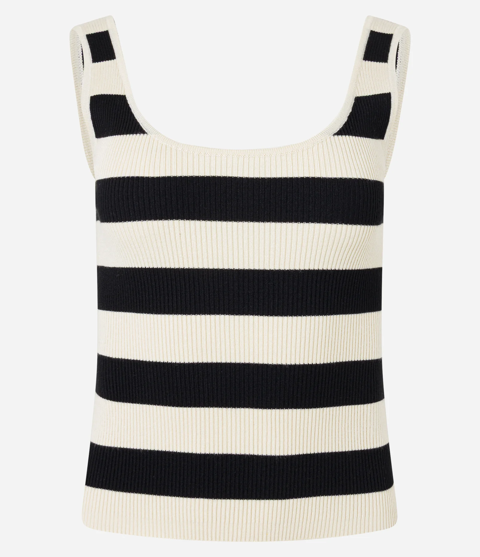 Blusa Listrada em Ribana com Decote U e Textura Canelada Preto/Off White 1