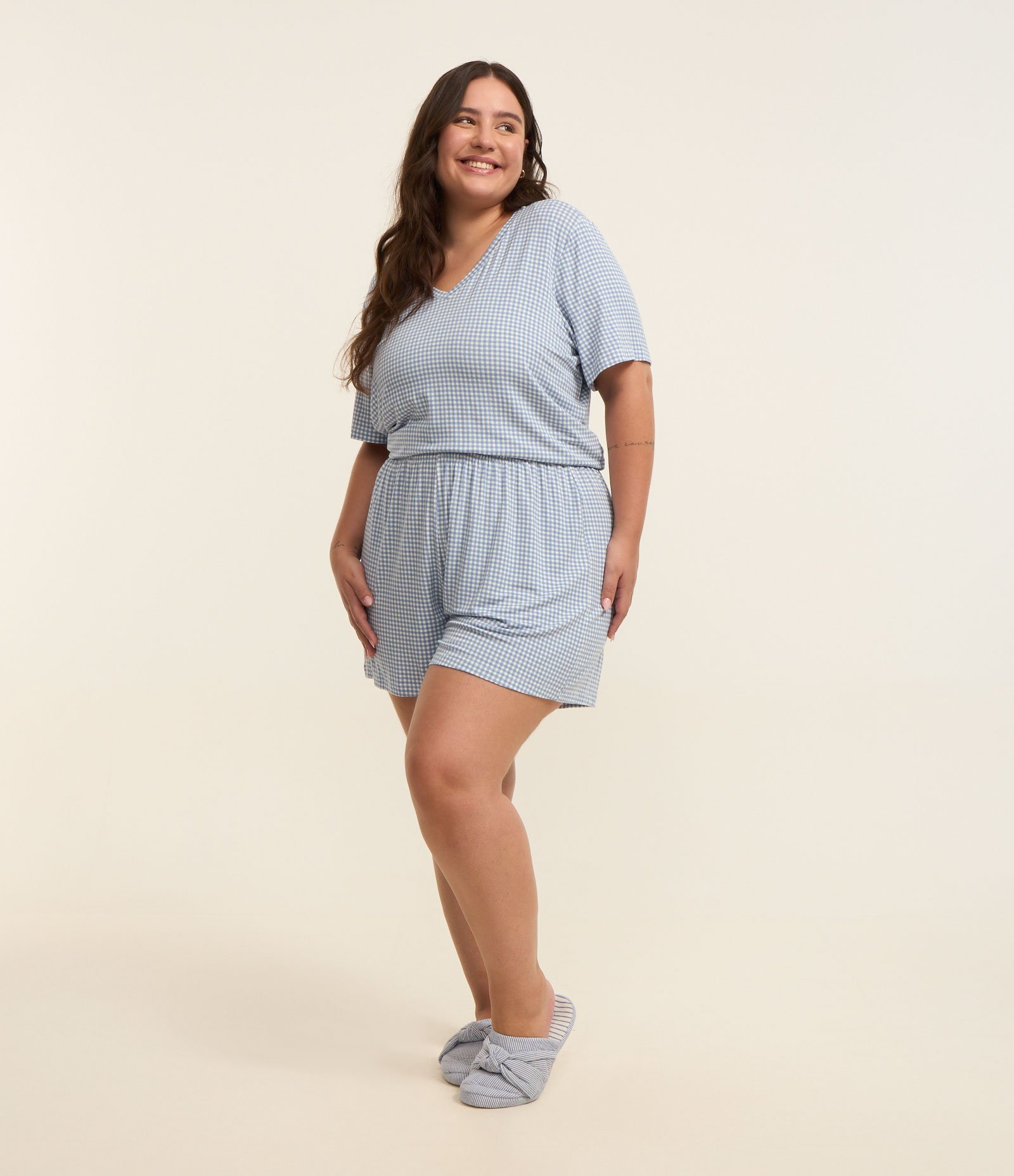 Pijama Curto Viscose Xadrez Pied-de-poule Curve & Plus Size Azul 2