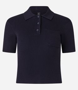 Blusa Polo em Tricô Caneladinha com Bolso no Peito