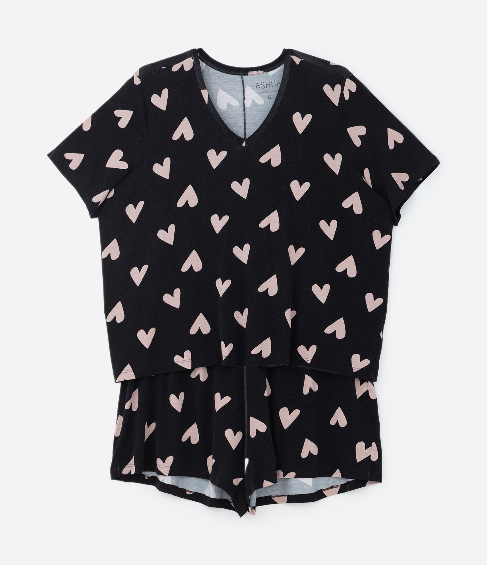 Pijama em Viscose com Estampa de Corações Curve & Plus Size Preto 4