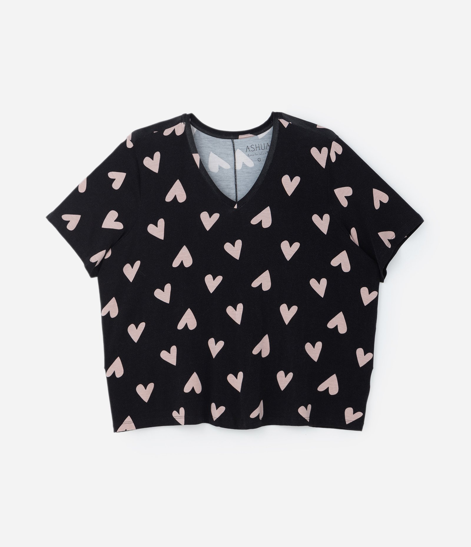 Pijama em Viscose com Estampa de Corações Curve & Plus Size Preto 5