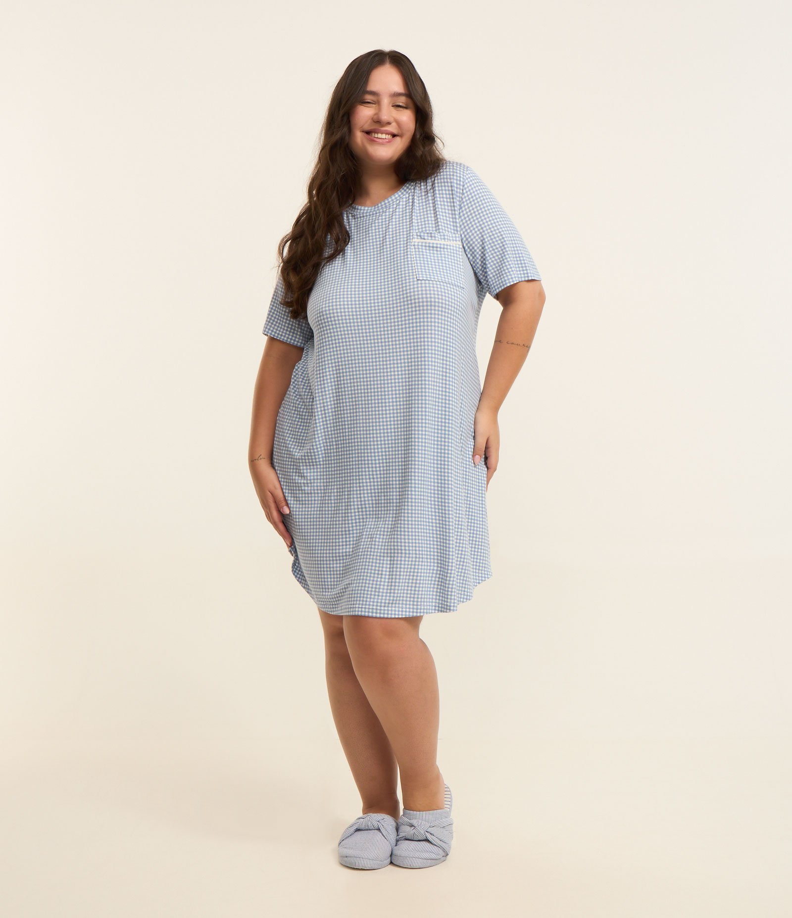 Camisola Camisetão em Viscose Xadrez Curve & Plus Size Azul 3