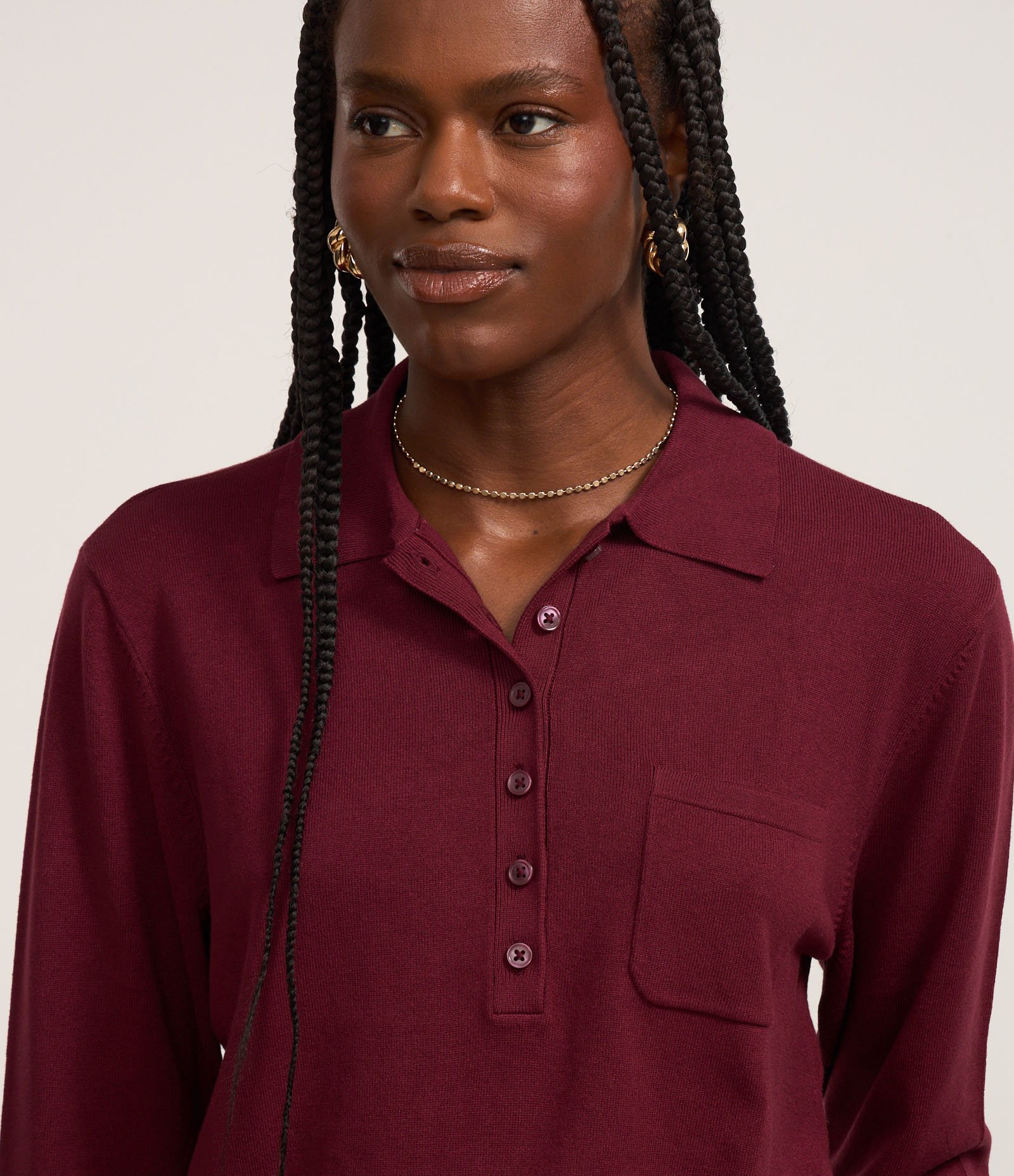 Blusa em Tricô com Abotoamento e Bolsinho Solo Vinho 3