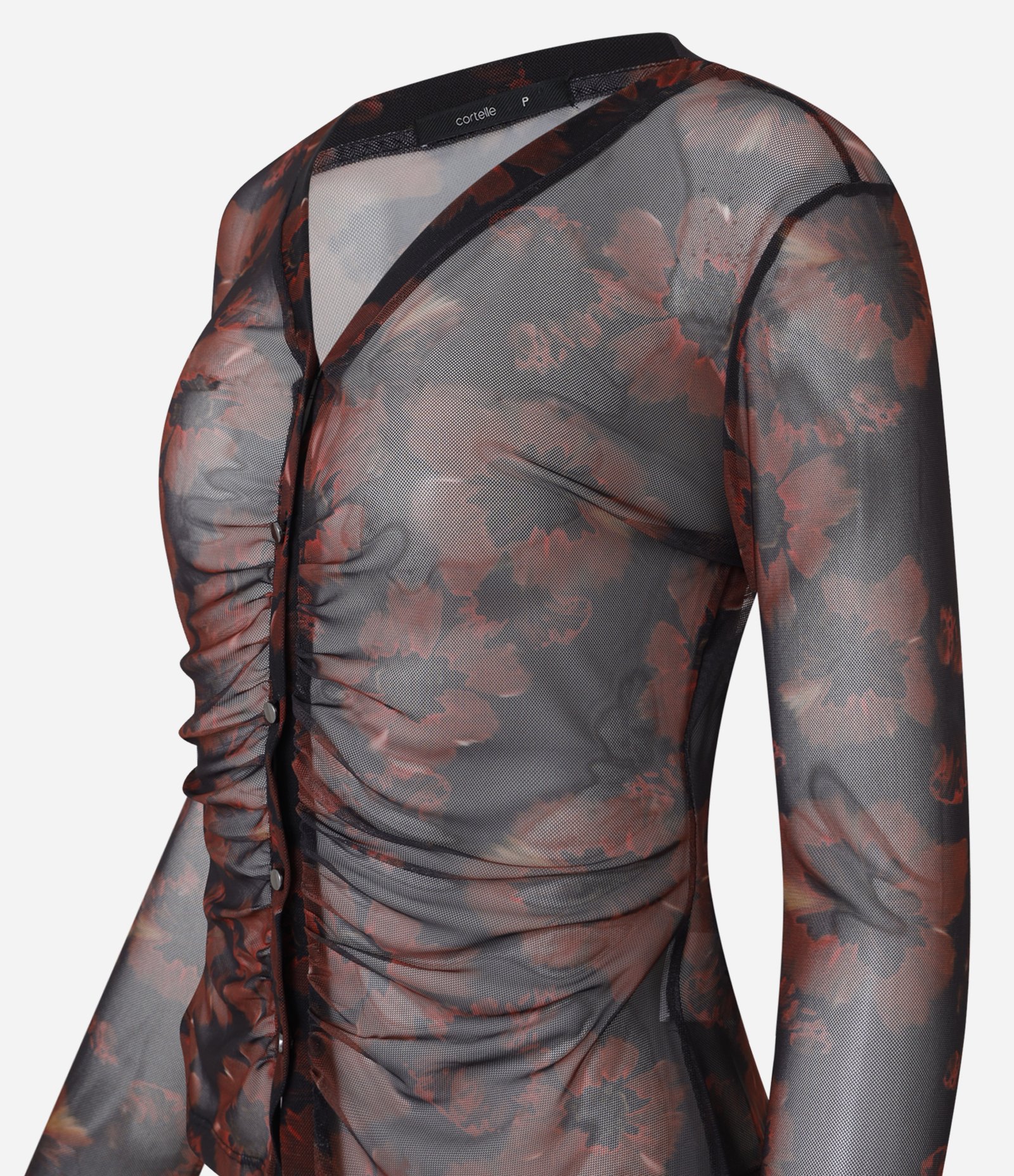 Camisa Manga Longa de Tule com Estampa em Marmorizada Floral Marrom 8