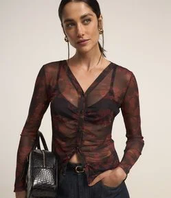 Camisa Manga Longa de Tule com Estampa em Marmorizada Floral