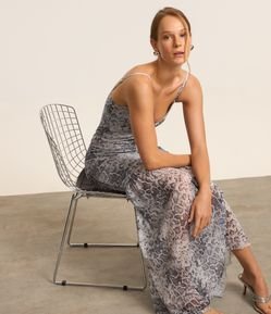 Vestido New Midi em Tule Animal Print com Franzidos